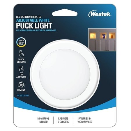 WESTEK Adjustable Puck Light, AA Battery, LED Lamp, 80 Lumens, 3000, 4000, 5000 K Color Temp, White BL-PCCT-W1